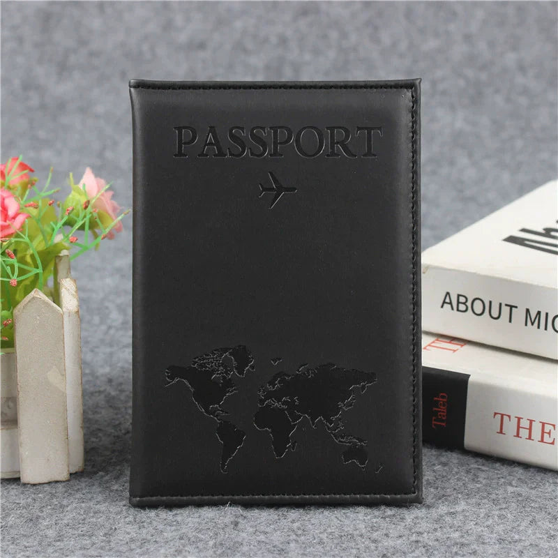 PU Leather Passport Cover For Men & Women Organizer - Protective Card Holder ID Document Covers World Map Travel Passport Case