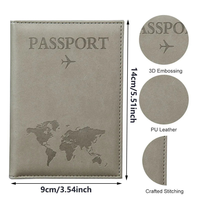 PU Leather Passport Cover For Men & Women Organizer - Protective Card Holder ID Document Covers World Map Travel Passport Case