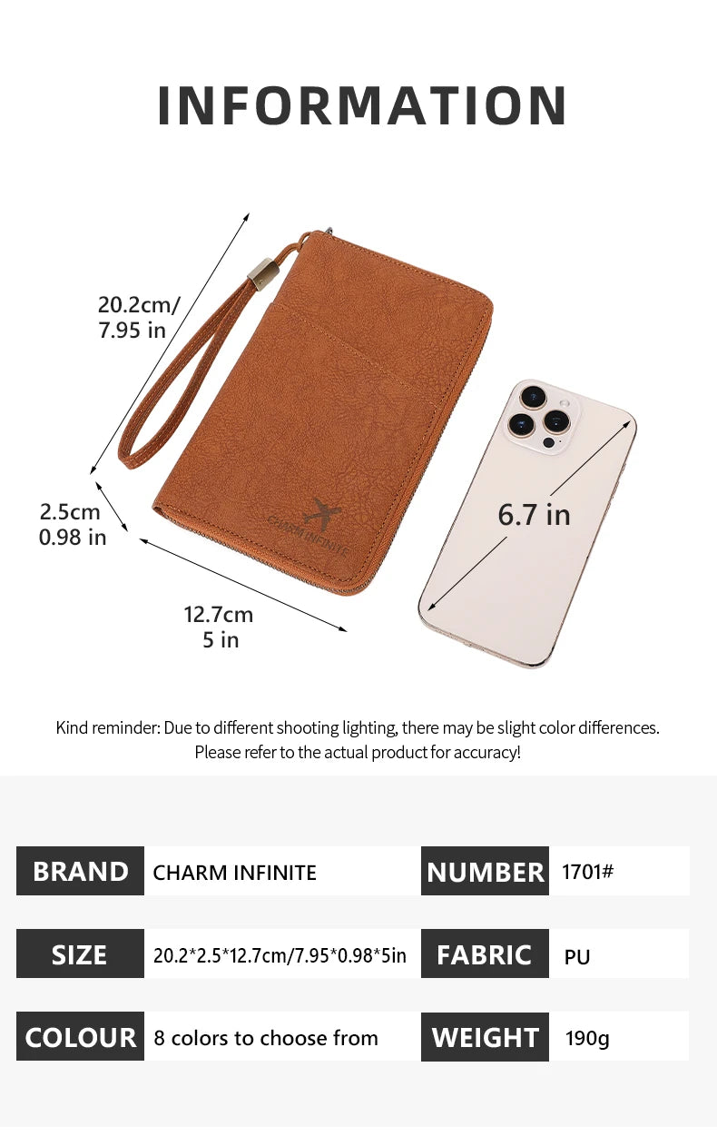 Multi-Functional RFID Blocking Passport Bag Travel Document Holder with Long Zipper Ticket Storage Wallet for Multiple Passports