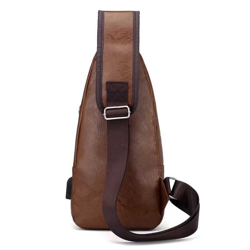 Men's USB chest bag portable large capacity charging casual crossbody bag outdoor sports PU chest bag