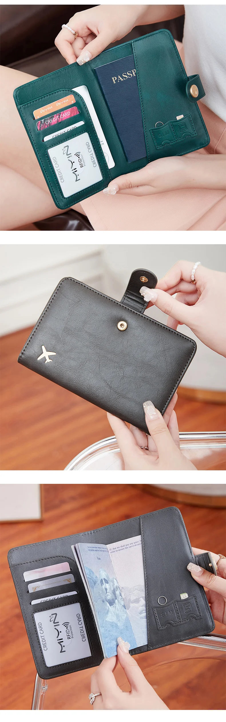Minimalist and fashionable RFID passport clip multifunctional PU leather wallet case ID card credit card holder travel accessory