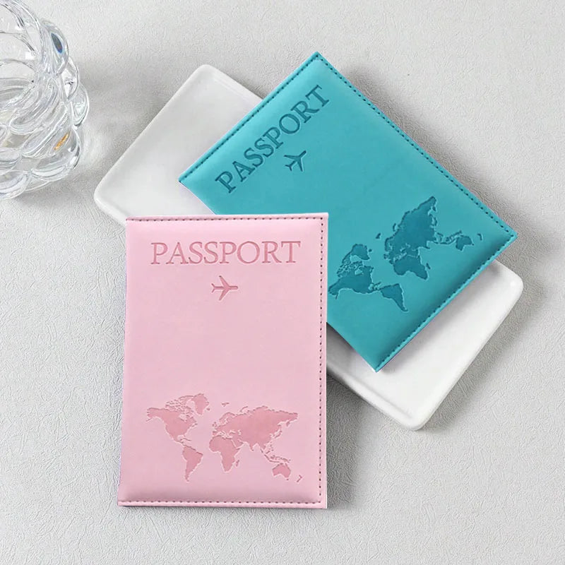 PU Leather Passport Cover For Men & Women Organizer - Protective Card Holder ID Document Covers World Map Travel Passport Case