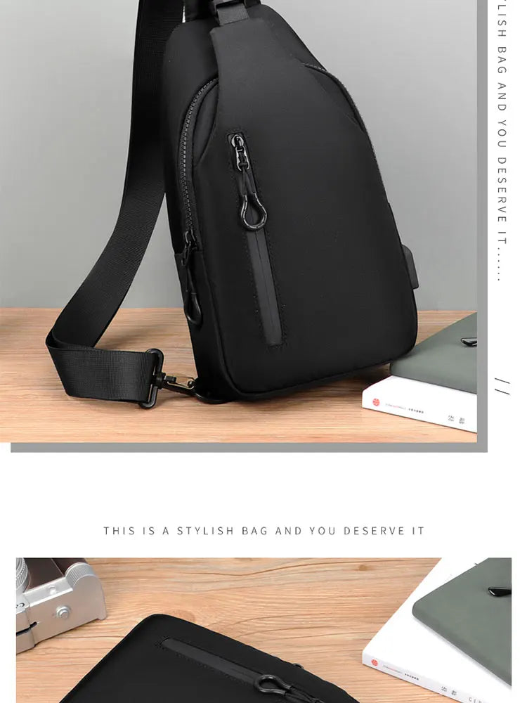 A Cool Men's Messenger Bag Casual Oxford Waterproof And Wearable Shoulder Bag Usb Rechargeable Chest Bag