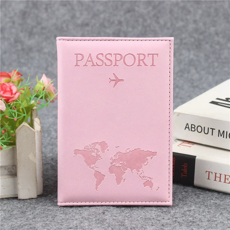 PU Leather Passport Cover For Men & Women Organizer - Protective Card Holder ID Document Covers World Map Travel Passport Case