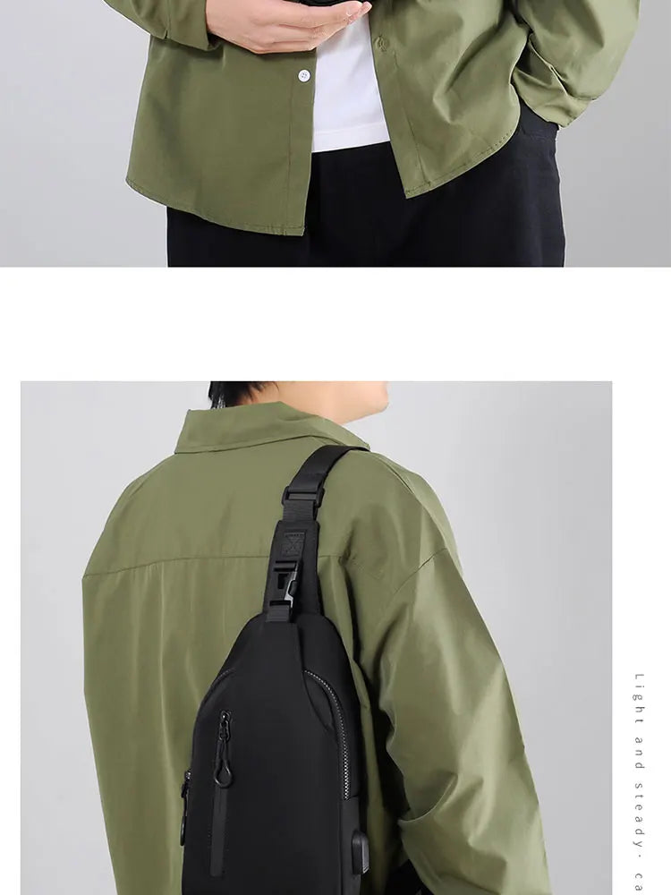 A Cool Men's Messenger Bag Casual Oxford Waterproof And Wearable Shoulder Bag Usb Rechargeable Chest Bag