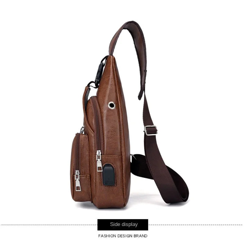 Men's USB chest bag portable large capacity charging casual crossbody bag outdoor sports PU chest bag