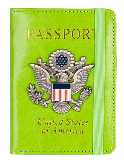 RFID Blocking Leather Passport Holder With 3D Metal Badge, Travel Document Passport Wallet Organizer
