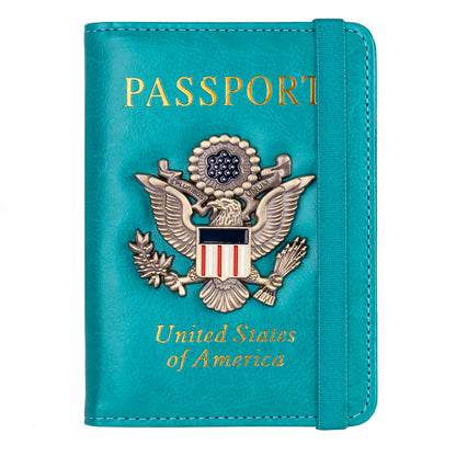 RFID Blocking Leather Passport Holder With 3D Metal Badge, Travel Document Passport Wallet Organizer