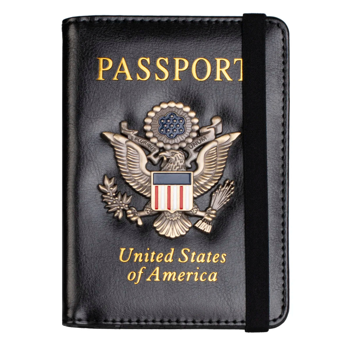 RFID Blocking Leather Passport Holder With 3D Metal Badge, Travel Document Passport Wallet Organizer
