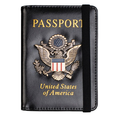 RFID Blocking Leather Passport Holder With 3D Metal Badge, Travel Document Passport Wallet Organizer