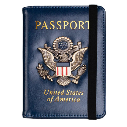 RFID Blocking Leather Passport Holder With 3D Metal Badge, Travel Document Passport Wallet Organizer