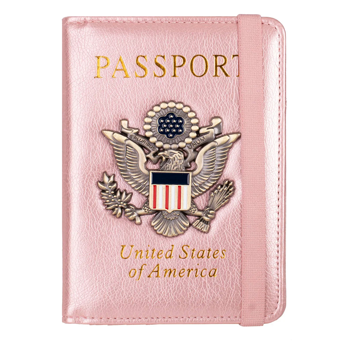 RFID Blocking Leather Passport Holder With 3D Metal Badge, Travel Document Passport Wallet Organizer
