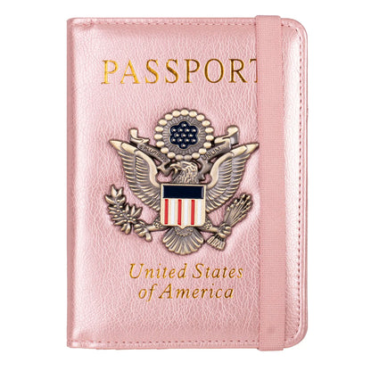 RFID Blocking Leather Passport Holder With 3D Metal Badge, Travel Document Passport Wallet Organizer
