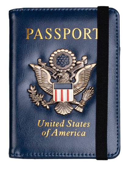 RFID Blocking Leather Passport Holder With 3D Metal Badge, Travel Document Passport Wallet Organizer