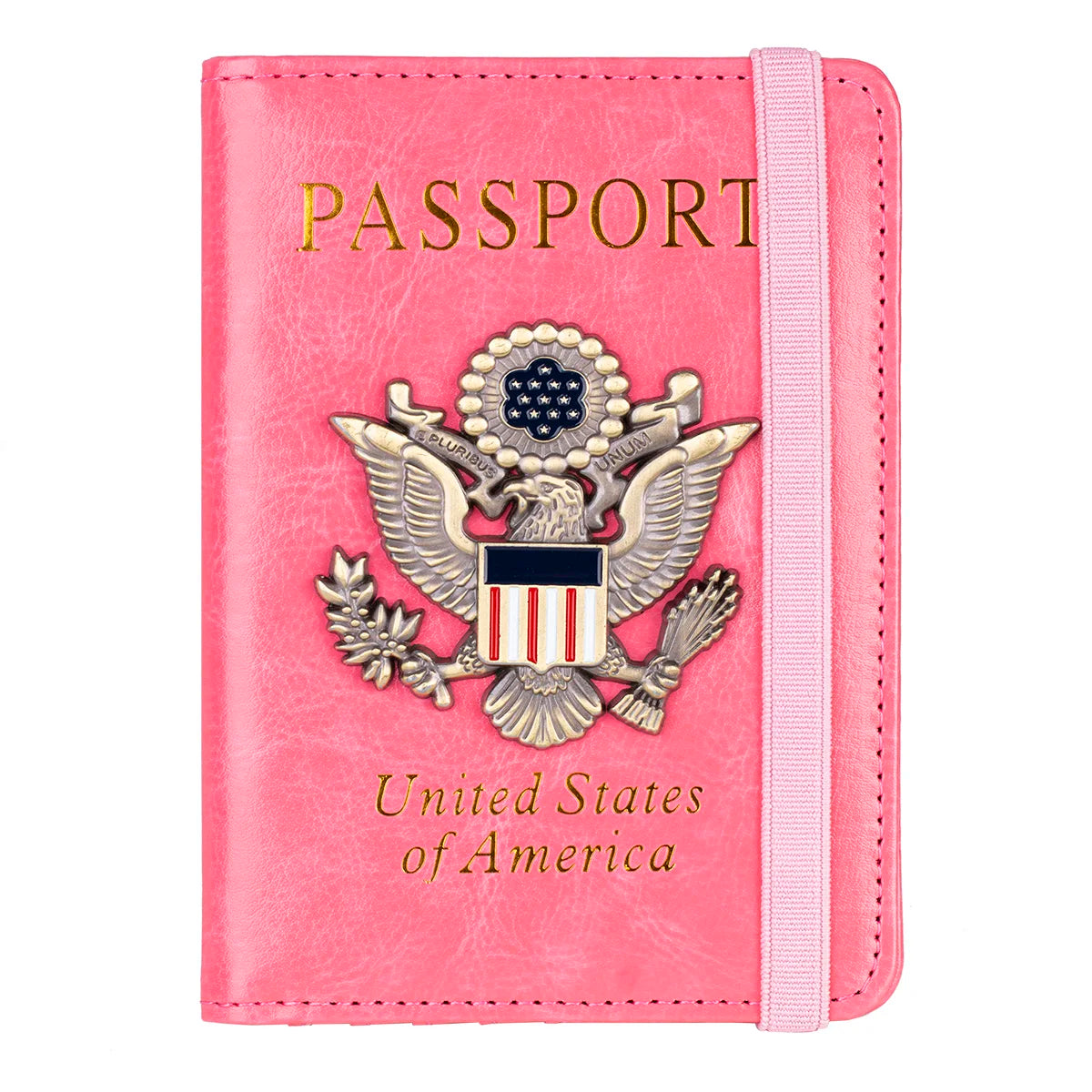 RFID Blocking Leather Passport Holder With 3D Metal Badge, Travel Document Passport Wallet Organizer