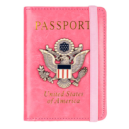 RFID Blocking Leather Passport Holder With 3D Metal Badge, Travel Document Passport Wallet Organizer
