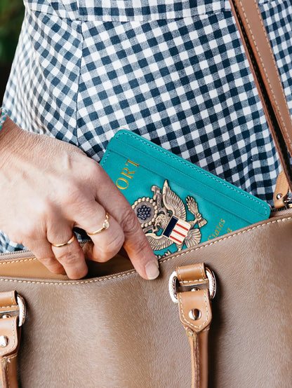 RFID Blocking Leather Passport Holder With 3D Metal Badge, Travel Document Passport Wallet Organizer