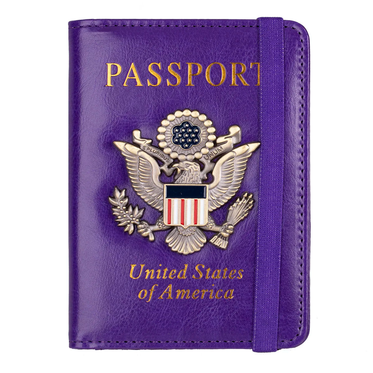 RFID Blocking Leather Passport Holder With 3D Metal Badge, Travel Document Passport Wallet Organizer
