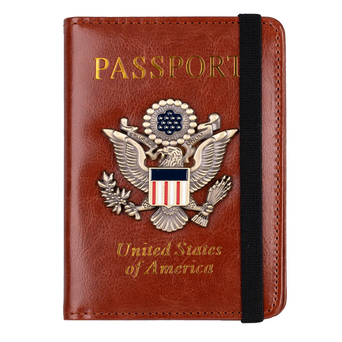 RFID Blocking Leather Passport Holder With 3D Metal Badge, Travel Document Passport Wallet Organizer