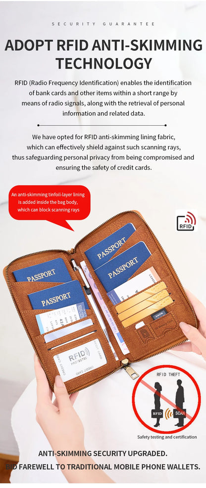 Multi-Functional RFID Blocking Passport Bag Travel Document Holder with Long Zipper Ticket Storage Wallet for Multiple Passports