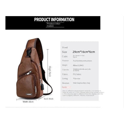 Men's USB chest bag portable large capacity charging casual crossbody bag outdoor sports PU chest bag