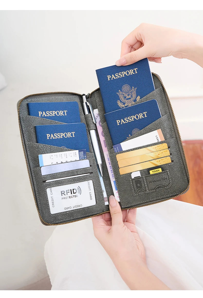 Multi-Functional RFID Blocking Passport Bag Travel Document Holder with Long Zipper Ticket Storage Wallet for Multiple Passports