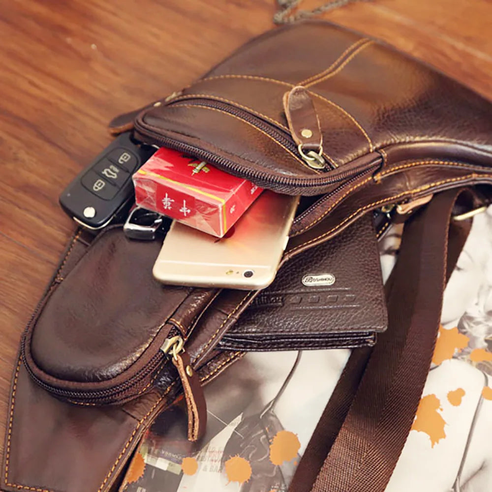 Men Genuine Leather Cross Body Shoulder Sling Backpack Chest Bag Pouch Genuine Leather Casual Travel Retro Male Crossbody Messenger Side Bags