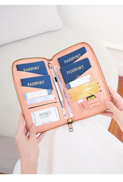 Multi-Functional RFID Blocking Passport Bag Travel Document Holder with Long Zipper Ticket Storage Wallet for Multiple Passports