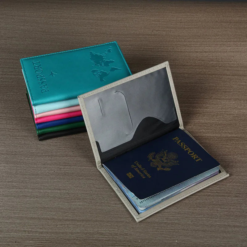 PU Leather Passport Cover For Men & Women Organizer - Protective Card Holder ID Document Covers World Map Travel Passport Case