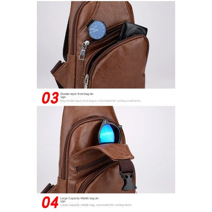 Men's USB chest bag portable large capacity charging casual crossbody bag outdoor sports PU chest bag