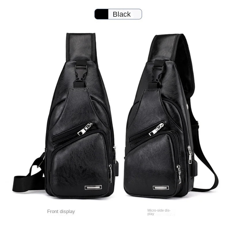 Men's USB chest bag portable large capacity charging casual crossbody bag outdoor sports PU chest bag