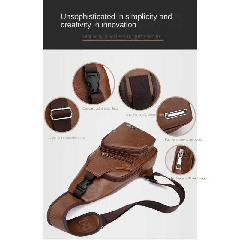 Men's USB chest bag portable large capacity charging casual crossbody bag outdoor sports PU chest bag