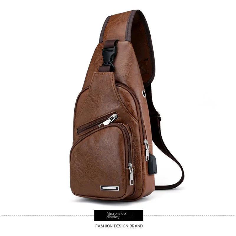 Men's USB chest bag portable large capacity charging casual crossbody bag outdoor sports PU chest bag