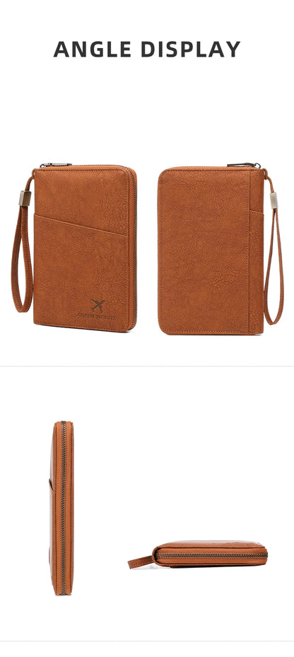 Multi-Functional RFID Blocking Passport Bag Travel Document Holder with Long Zipper Ticket Storage Wallet for Multiple Passports