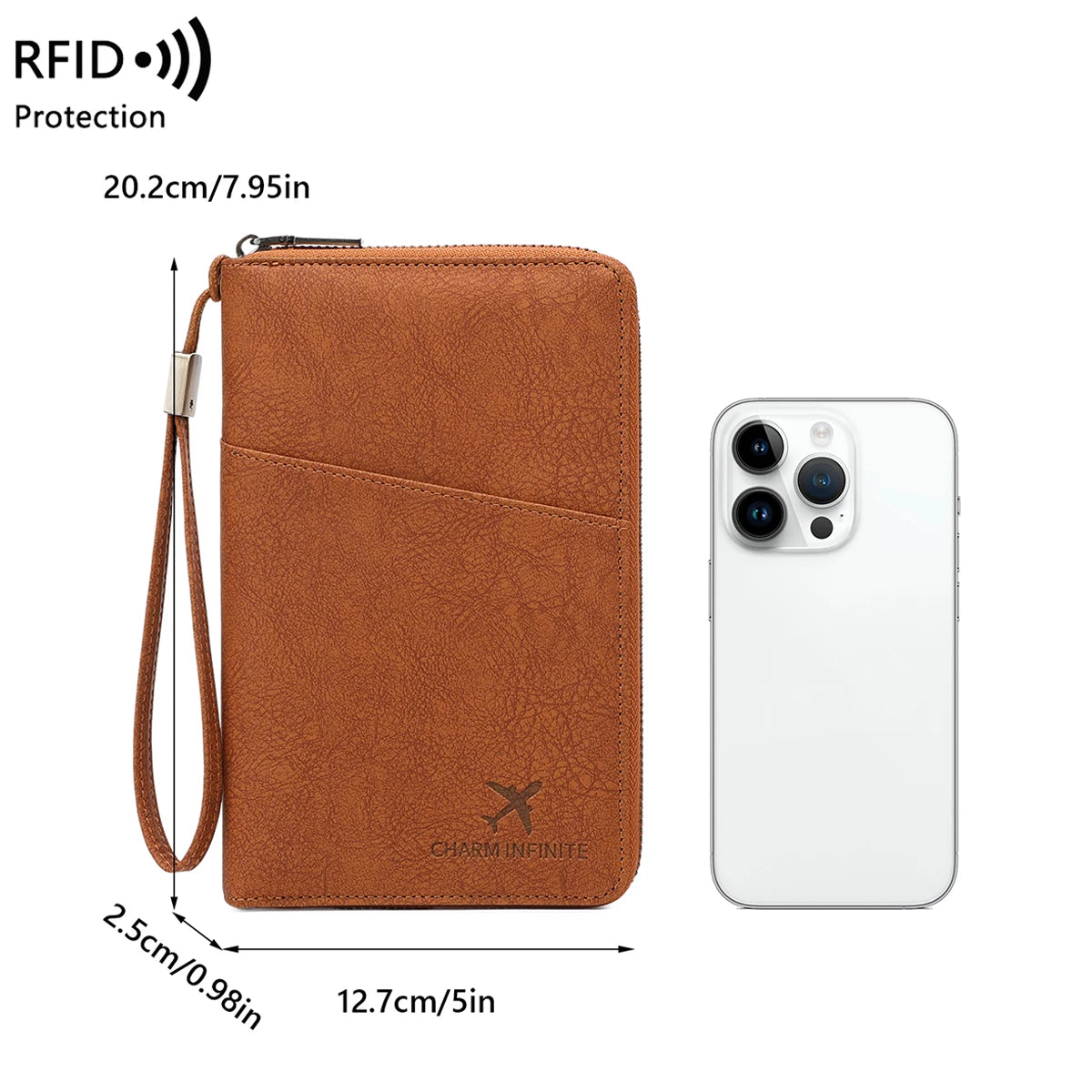 Multi-Functional RFID Blocking Passport Bag Travel Document Holder with Long Zipper Ticket Storage Wallet for Multiple Passports
