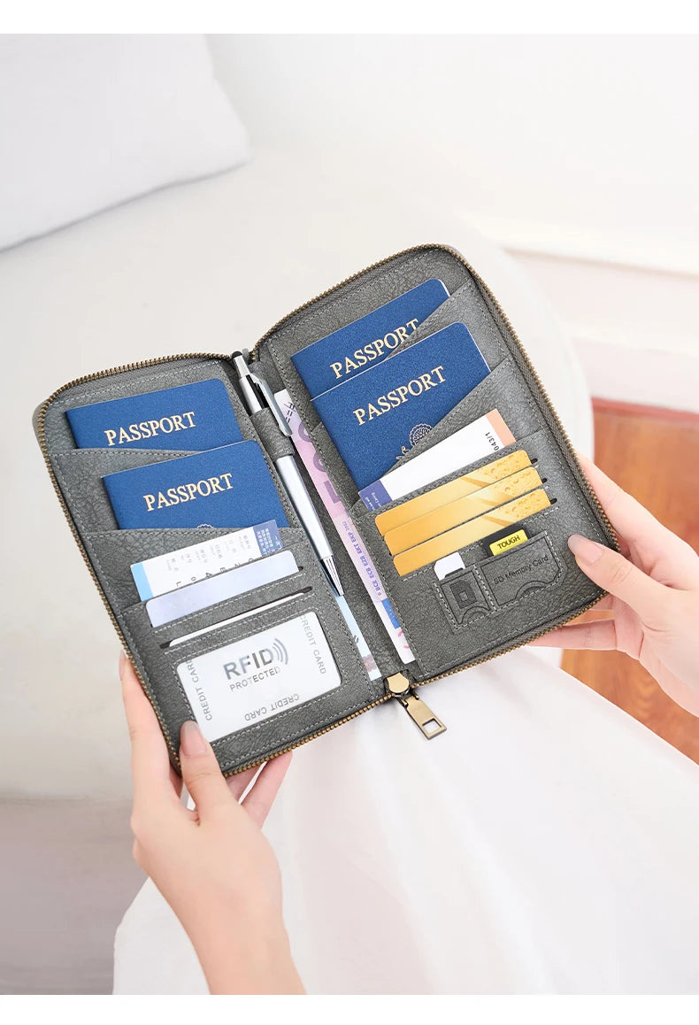 Multi-Functional RFID Blocking Passport Bag Travel Document Holder with Long Zipper Ticket Storage Wallet for Multiple Passports