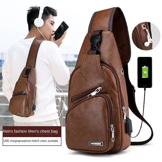 Men's USB chest bag portable large capacity charging casual crossbody bag outdoor sports PU chest bag