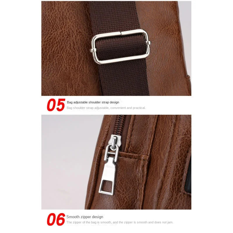 Men's USB chest bag portable large capacity charging casual crossbody bag outdoor sports PU chest bag