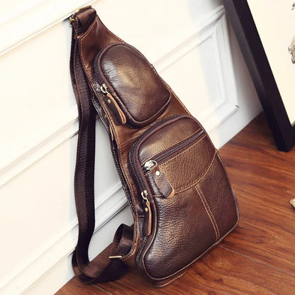 Men Genuine Leather Cross Body Shoulder Sling Backpack Chest Bag Pouch Genuine Leather Casual Travel Retro Male Crossbody Messenger Side Bags