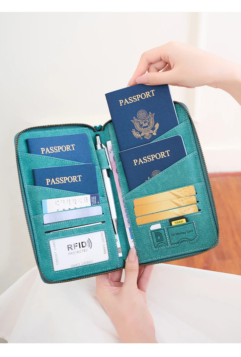 Multi-Functional RFID Blocking Passport Bag Travel Document Holder with Long Zipper Ticket Storage Wallet for Multiple Passports