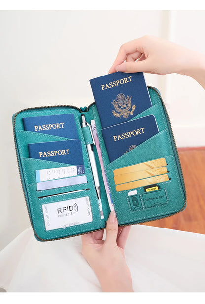 Multi-Functional RFID Blocking Passport Bag Travel Document Holder with Long Zipper Ticket Storage Wallet for Multiple Passports