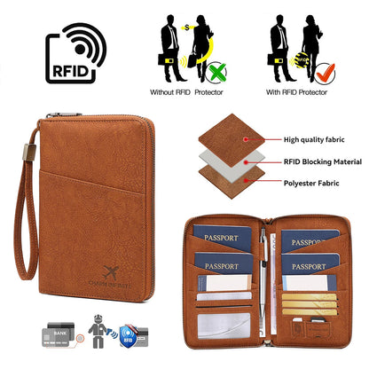 Multi-Functional RFID Blocking Passport Bag Travel Document Holder with Long Zipper Ticket Storage Wallet for Multiple Passports