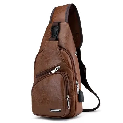 Men's USB chest bag portable large capacity charging casual crossbody bag outdoor sports PU chest bag