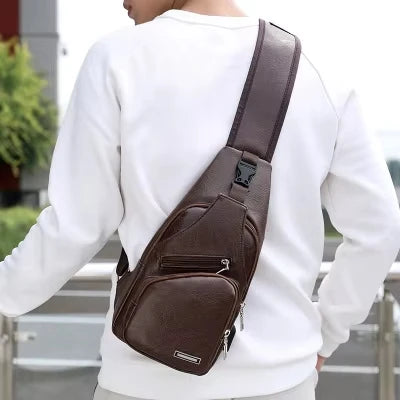 Men's USB chest bag portable large capacity charging casual crossbody bag outdoor sports PU chest bag