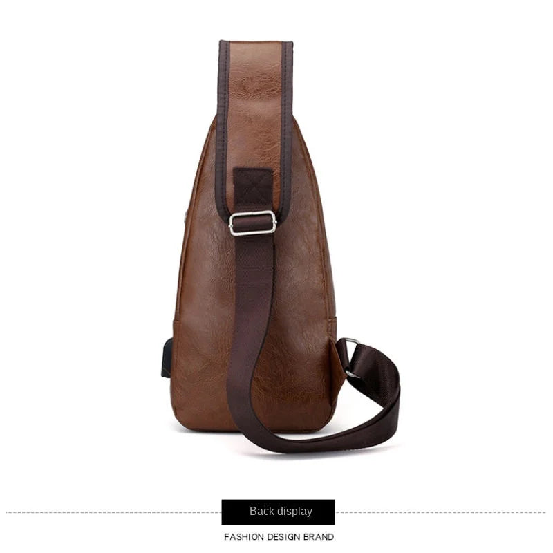 Men's USB chest bag portable large capacity charging casual crossbody bag outdoor sports PU chest bag