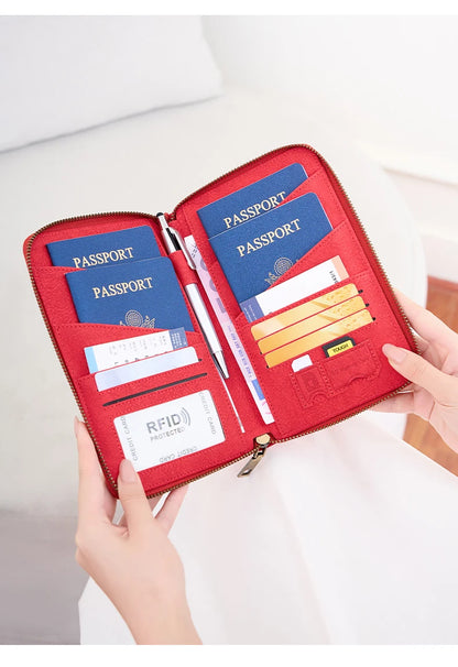 Multi-Functional RFID Blocking Passport Bag Travel Document Holder with Long Zipper Ticket Storage Wallet for Multiple Passports