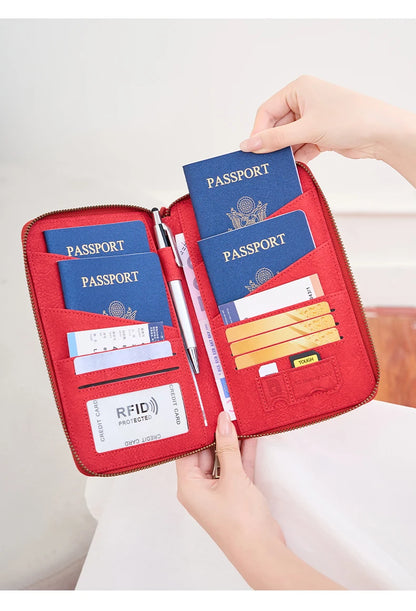 Multi-Functional RFID Blocking Passport Bag Travel Document Holder with Long Zipper Ticket Storage Wallet for Multiple Passports