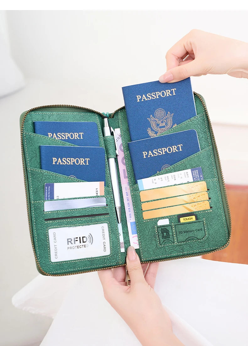 Multi-Functional RFID Blocking Passport Bag Travel Document Holder with Long Zipper Ticket Storage Wallet for Multiple Passports