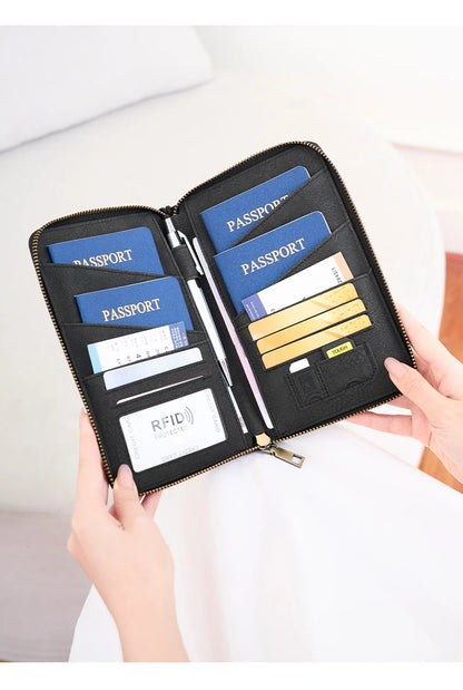 Multi-Functional RFID Blocking Passport Bag Travel Document Holder with Long Zipper Ticket Storage Wallet for Multiple Passports