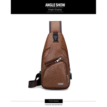 Men's USB chest bag portable large capacity charging casual crossbody bag outdoor sports PU chest bag
